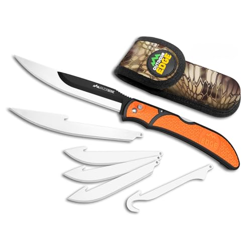 Outdoor Edge RazorBone Replaceable Blade Folding Hunting Knife - Blaze Orange, Camo Sheath, 6 Blades