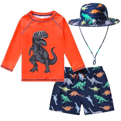 Toddler Boys' 3-Piece Rash Guard Swimsuit Set with Sun Hat - 3-4T, Orange Dinosaur