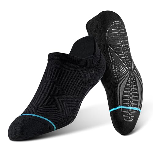 BRISIRA Bamboo Viscose Non Slip Pilates Socks Men Women No Show Grip Compression Thick Cushion - 3 Pairs, Black, Large