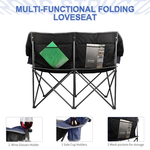 Blue Oversized Double Camping Chair - Heavy Duty 2-Person Folding Loveseat for Outdoor Use