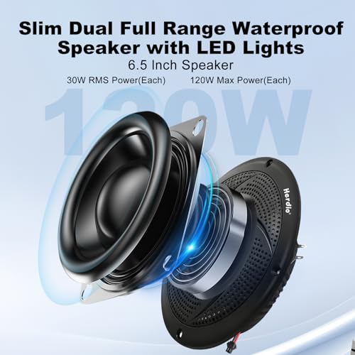 Bluetooth Marine Speakers 6.5 Inch Low Profile Waterproof with LED Lights - Black