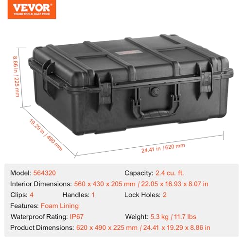 VEVOR Waterproof Hard Case 24.41x19.29x8.86in Heavy Duty Travel Protective Box