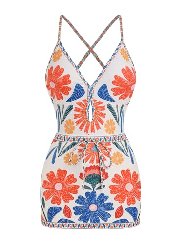Women's One Piece Swimsuit with Skirt - V Neck Colorblock Bathing Suit