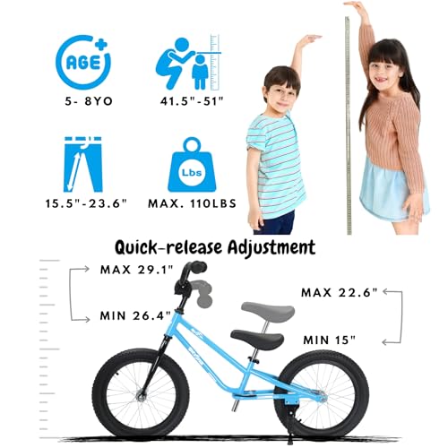 Bicystar 16-Inch Kids Balance Bike with Air Tires, Black, Adjustable for Ages 5-8