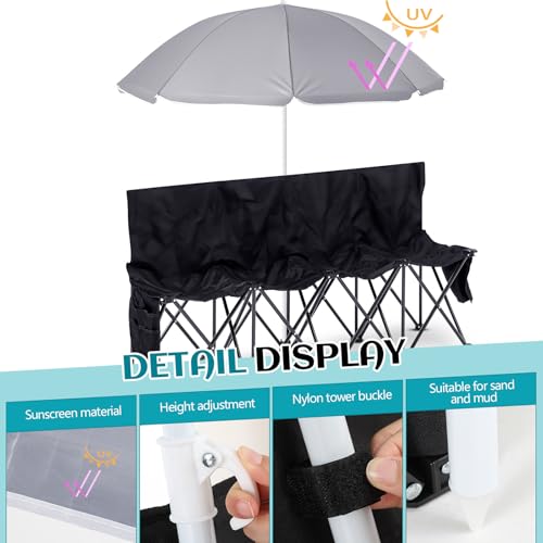4-Seat Folding Soccer Bench with Umbrella - Portable Outdoor Seating, Black & Gray