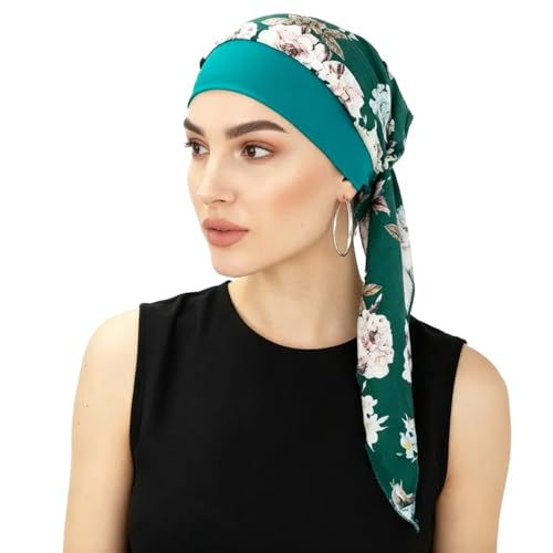 Lightweight Chemo Headwear for Women with Floral Green Head Scarf - Silky Soft Turban