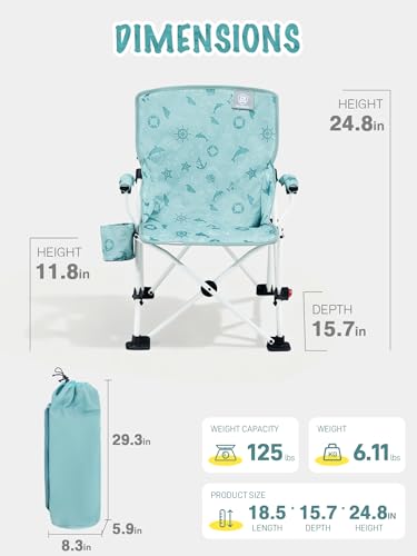 Kids Camping Chair with Cup Holder & Safety Lock - Dolphin Green, Portable, Supports 150lbs