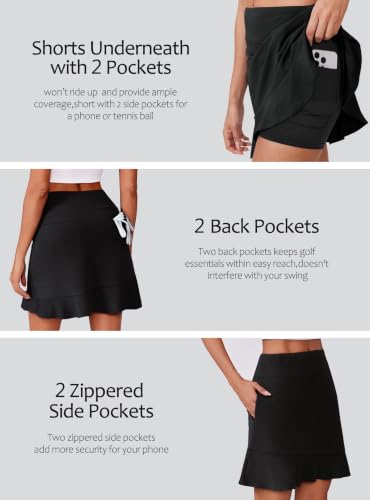 Large Black 18-Inch Golf Skorts for Women with 6 Pockets - Athletic Ruffle Skirt