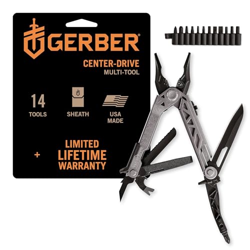 Gerber Center-Drive Multitool with 16-Piece Bit Set & Sheath – Pliers, Knife, Wire Cutters, Bottle Opener