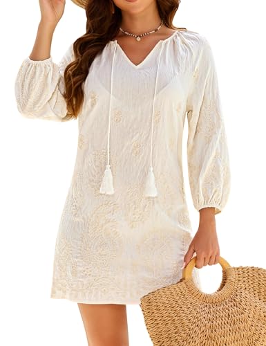 Large White Boho Embroidered Swimsuit Coverup for Women - Vacation Beach Dress