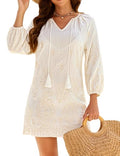 Large White Boho Embroidered Swimsuit Coverup for Women - Vacation Beach Dress