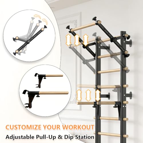 Black Swedish Ladder Stall Bars for Home Gym, 300 LBS Wall Mount with Pull-Up & Dip Station