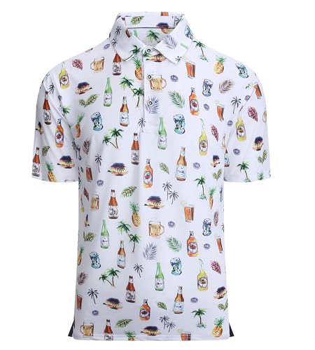 Men's Hawaiian Golf Shirt Moisture-Wicking Digital Print Polo Large White Beer