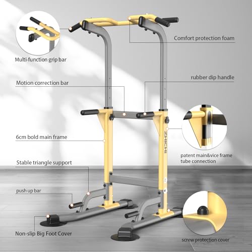 Yellow Pull-Up Dip Station, 350LBS Weight Capacity, Adjustable Home Gym Equipment