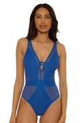 Becca Women's Color Play One-Piece Swimsuit Lapis Large Plunge Crochet Bathing Suit