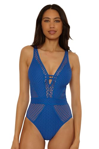 Becca Women's Color Play One-Piece Swimsuit Lapis Large Plunge Crochet Bathing Suit