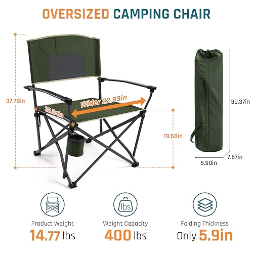 Heavy Duty Camping Chair 400LBS Capacity - Green, Foldable Outdoor Seating