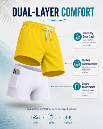 Men's 2-in-1 Quick Dry Swim Trunks with Compression Liner & Pockets - Yellow, Medium