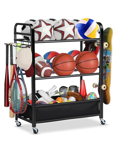 Large Black Ball Storage Rack with Wheels for Garage & Sports Equipment