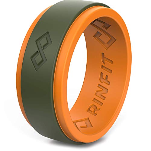 Rinfit Air Silicone Wedding Ring for Men - Pack C Orange & Army Green - Size 10