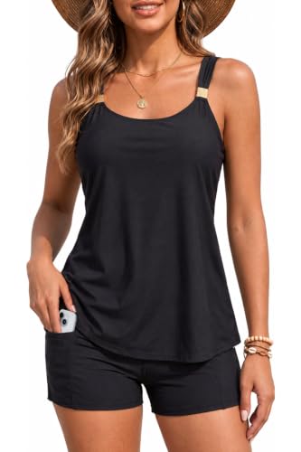 Women's Flowy Tankini Swimsuit with Tummy Control & Pocket Shorts - Medium Black