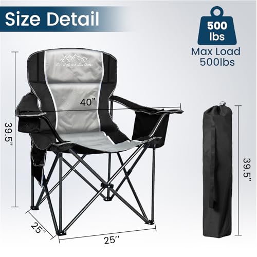 SAILARY Black Oversized Camping Chair 500lbs Padded Outdoor Seat with Lumbar Support