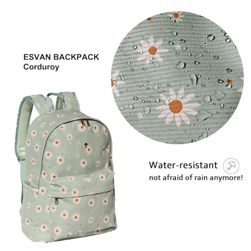 Corduroy Travel Backpack with Floral Matcha Daisy Print Waterproof & Spacious