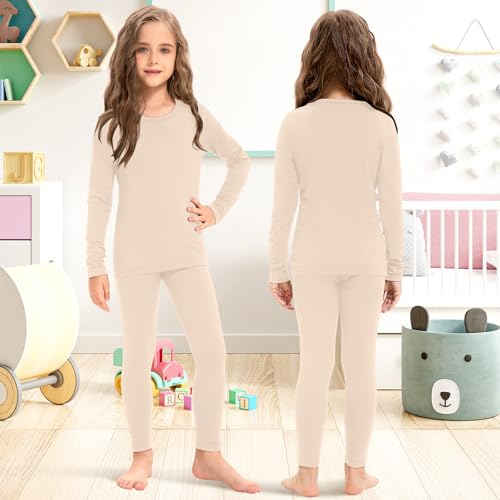 Girls Thermal Underwear Set 5-Piece Fleece-Lined Base Layer for Winter - Medium / Black, Grey, Pink, Beige