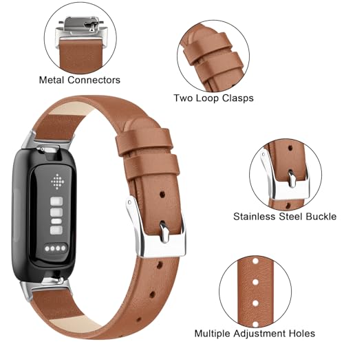 Vancle Leather Band for Fitbit Inspire 3 - Brown Genuine Leather Strap for Inspire 2 & HR