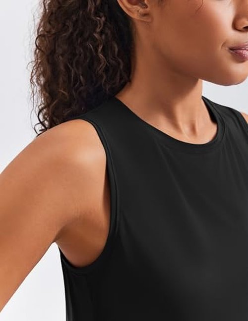 PINSPARK Women Workout Tank Tops with Back Pleat Soft Ice Silk Sleeveless Yoga Muscle Fitness Shirts Stretch Athletic Running Gym Activewear, Black S
