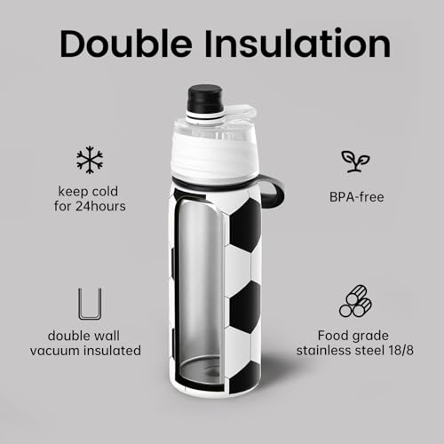 Soccer Water Bottle 20oz Insulated Stainless Steel with Mist Spray - Kids Gift