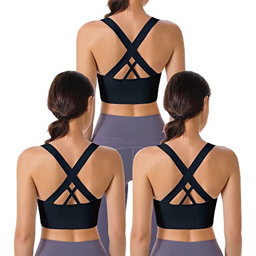 Large Black Support Sports Bras 3 Pack - Padded Seamless Criss Cross