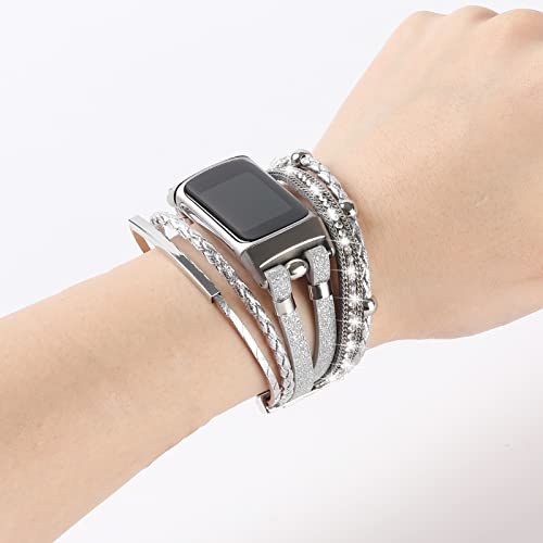 Leather Bands Compatible with Fitbit Charge 5/6 Silver Multilayer Wrap Bracelet for Women
