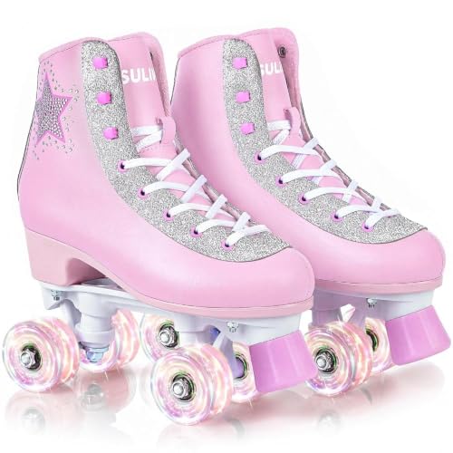 SULIFEEL Pink Girls & Women Roller Skates Size 3-4 with Light-Up Wheels