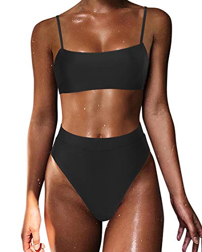 Women High-Waisted Bikini Set with Shoulder Straps - Medium Black