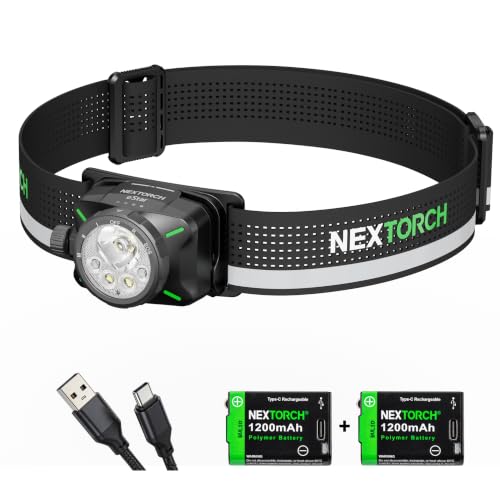 NEXTORCH Estar 1300 Lumens Rechargeable Headlamp with 2 Batteries, Black