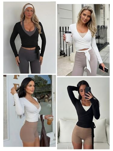 Womens Wrap Tie Top - Y2K Long Sleeve Ballet Pilates Yoga Workout Shirt