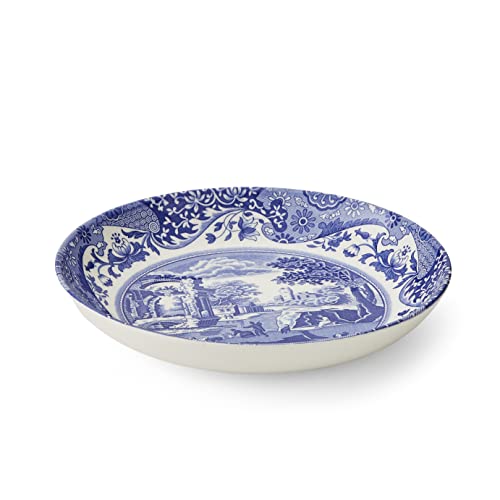 Spode Blue Italian Pasta Bowls Set of 4, 9-Inch Earthenware Serving Bowls with Oriental Border
