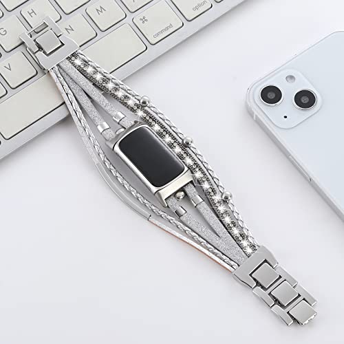 Leather Bands Compatible with Fitbit Charge 5/6 Silver Multilayer Wrap Bracelet for Women
