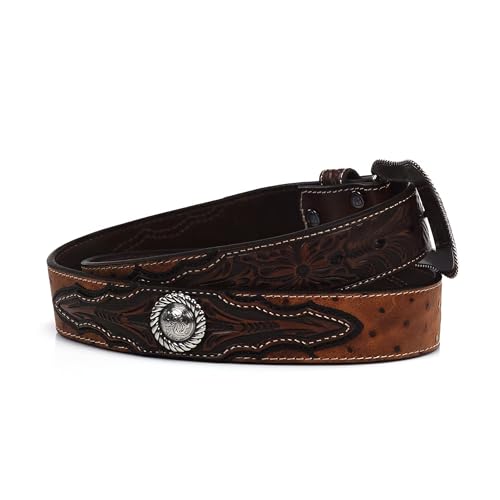 ARIAT Men's Faux Ostrich Leather Belt with Floral Emboss and Silver Conchos - Brown 32