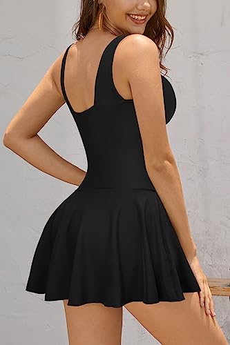 Women's V Neck Skirt Swimsuit Bathing Suit - Black, Large - Retro Ruched One-Piece
