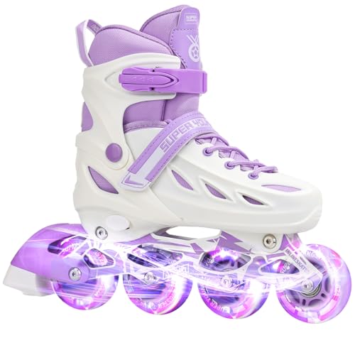SUPER YOUNGSTER Adjustable Inline Skates for Kids Ages 4-12, Light-Up Wheels, White & Purple, Medium-Big Kid (1-4 US)