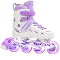SUPER YOUNGSTER Adjustable Inline Skates for Kids Ages 4-12, Light-Up Wheels, White & Purple, Medium-Big Kid (1-4 US)