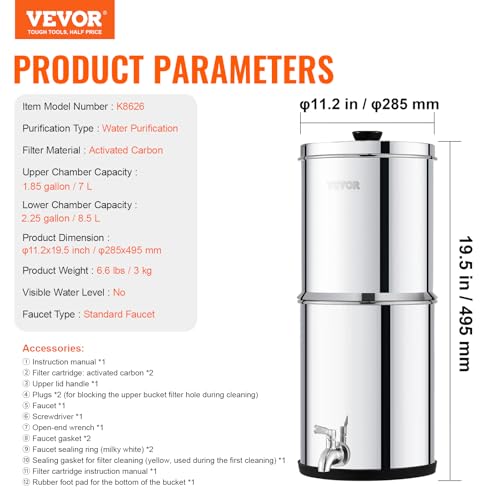 VEVOR 2.25G Stainless Steel Gravity Water Filter System Non-Visible Water Level