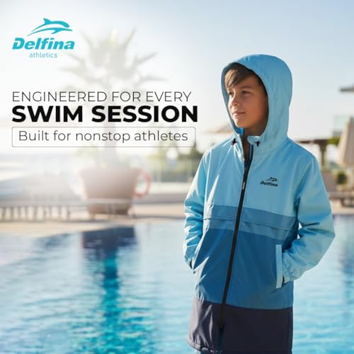 Delfina Kids Swim Parka for Ages 9-14, Water-Resistant Unisex Youth Jacket with Removable Sleeves & Hood, Blue