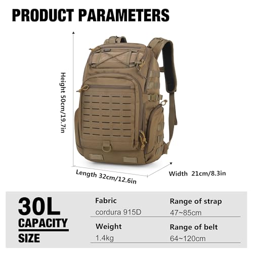 Khaki 30L Military Tactical Backpack with Molle Webbing & Hydration Pocket
