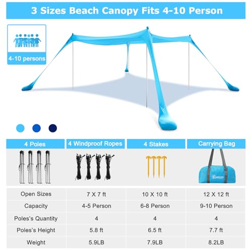 Sky Blue 7x7 Ft Beach Tent Sun Shelter UPF50+ Windproof Canopy