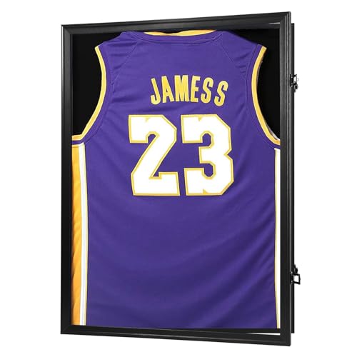 Black Jersey Display Case with Locks, UV Protection Acrylic, 3 Display Options, 31.25x23.25 Inches - Black Frame 1 Pack