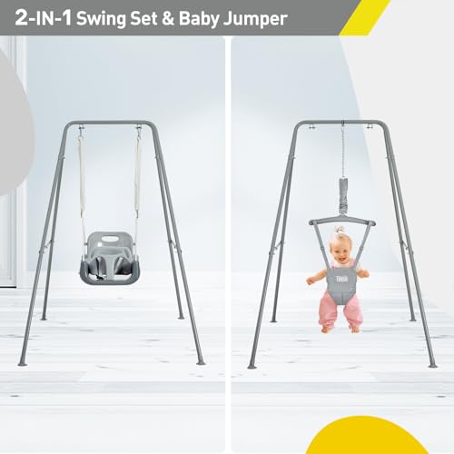 FUNLIO 2-in-1 Baby Jumper and Swing Set with Stand - Grey, Foldable & Safe