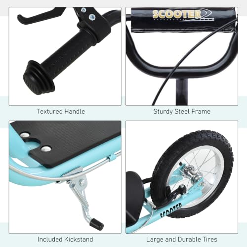 Aosom Youth Kick Scooter for Teens - Adjustable Handlebar, Blue, 16" Front & 12" Rear Inflatable Wheels, Dual Brakes, 5+